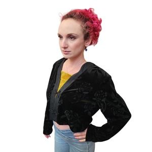 Vintage Black Velvet Long Sleeve Bolero with Beautiful Rose Pattern